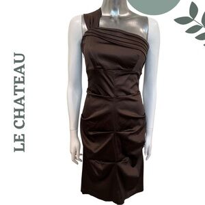 Le Château Chocolate Brown One-Shoulder Satin Lined Cocktail Dress - Size Small